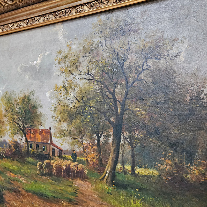 Beautiful Dutch oil on canvas painting sourced in France. Pretty country scene with sheep in an ornate decorative frame and signed by the artist. In good original detailed condition. Please see photos as they form part of the description.