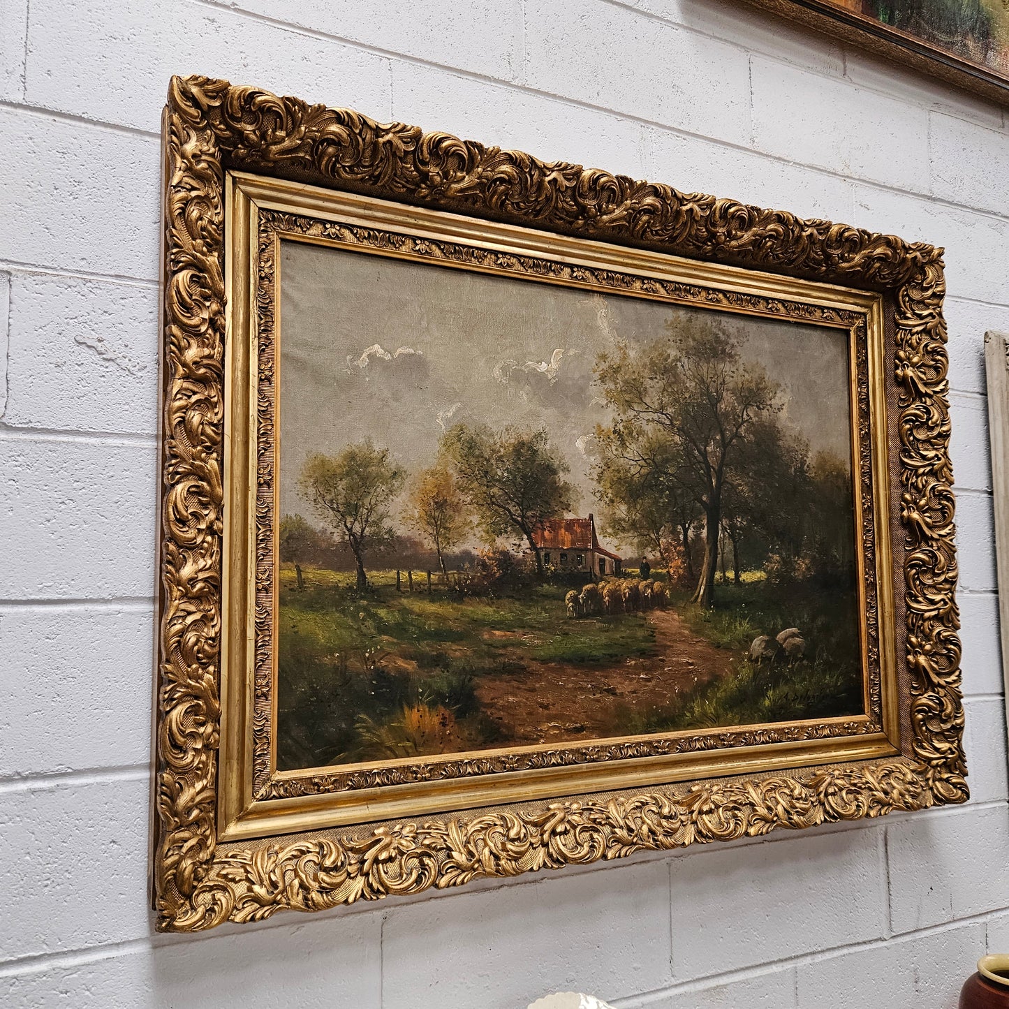 Beautiful Dutch oil on canvas painting sourced in France. Pretty country scene with sheep in an ornate decorative frame and signed by the artist. In good original detailed condition. Please see photos as they form part of the description.