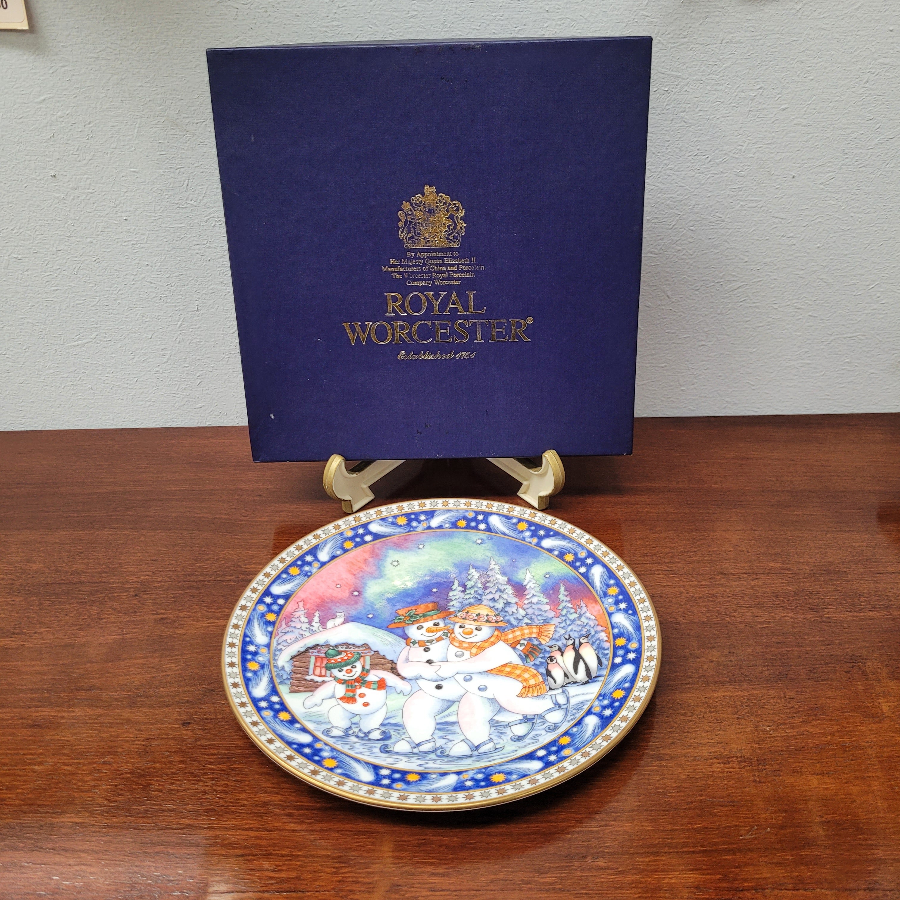 Royal Worcester Christmas Plate "Skating Snowman" | Antique & Vintage | Moonee Ponds Antiques | Australia Wide Delivery