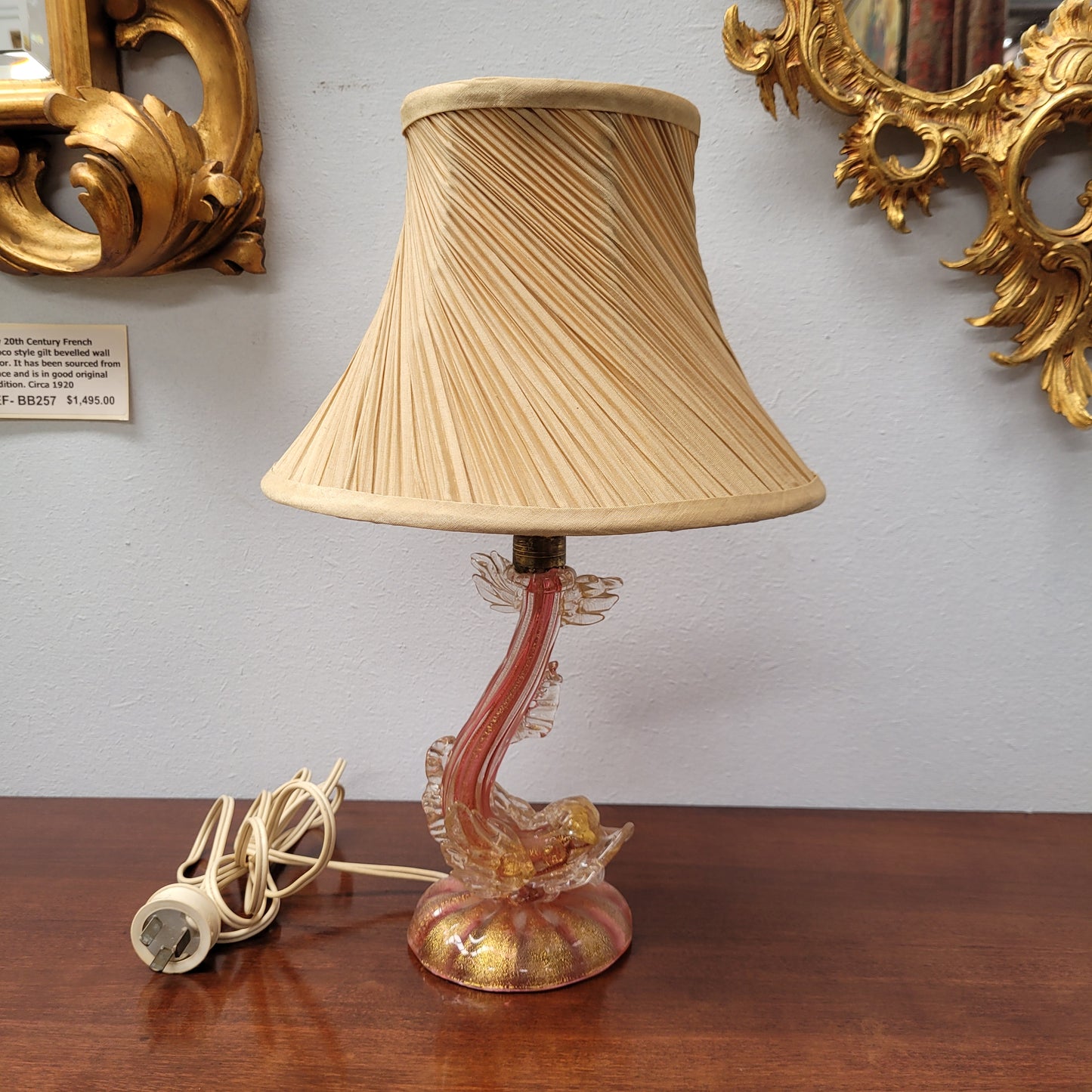 Stunning Vintage Murano Venetian Glass Dolphin Lamp and Shade