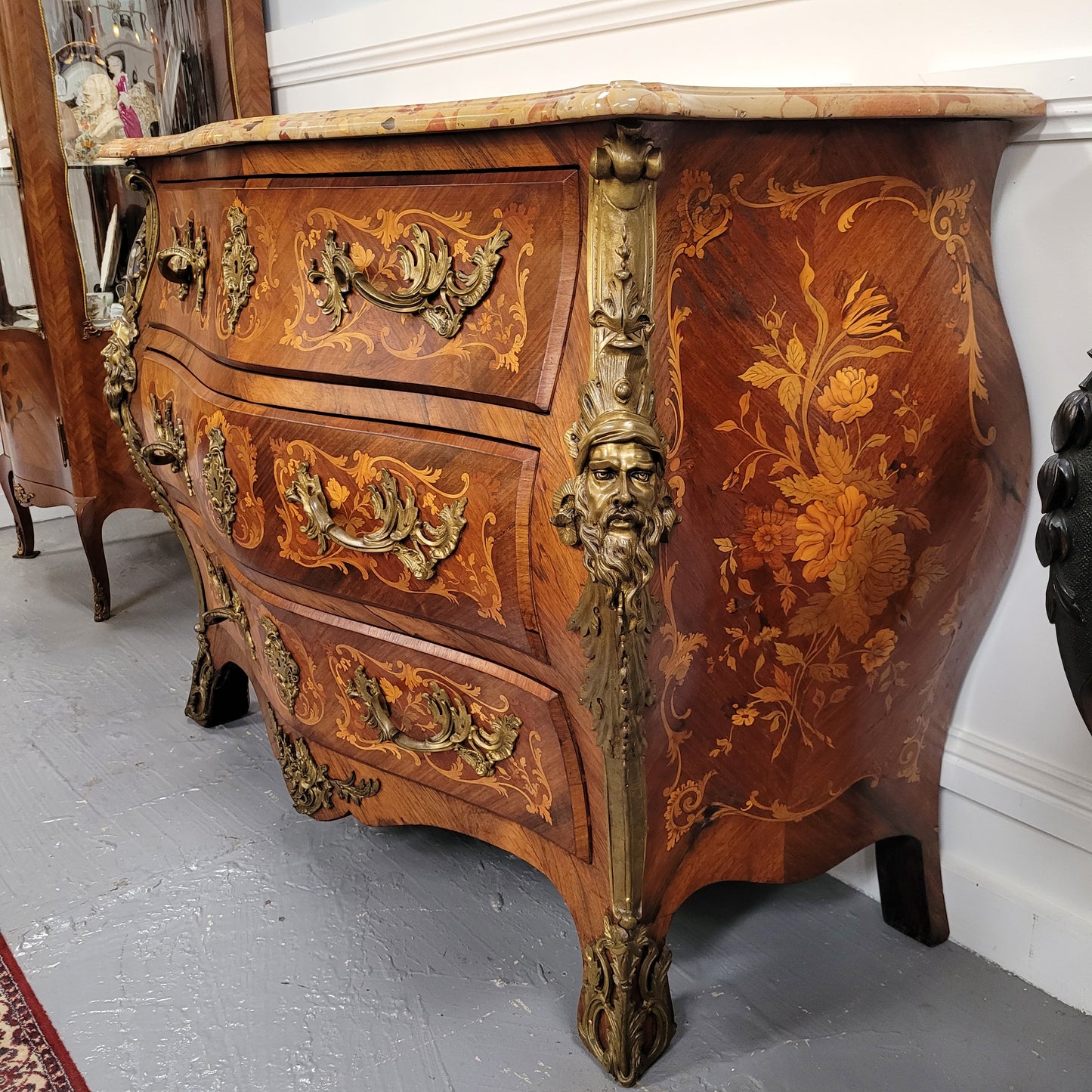 Superb 19th Century Louis XV Kingwood & Rosewood Marquetry Inlaid Marble Top Commode