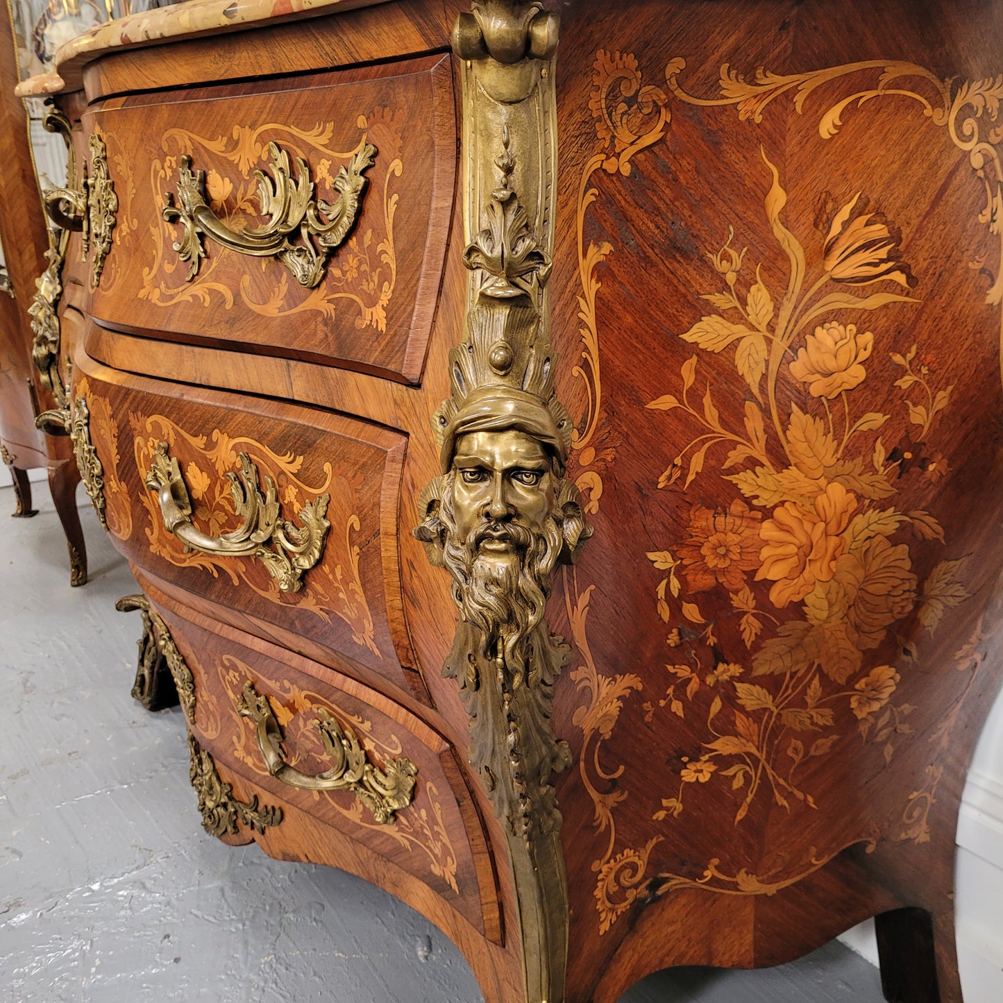 Superb 19th Century Louis XV Kingwood & Rosewood Marquetry Inlaid Marble Top Commode