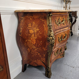 Superb 19th Century Louis XV Kingwood & Rosewood Marquetry Inlaid Marble Top Commode
