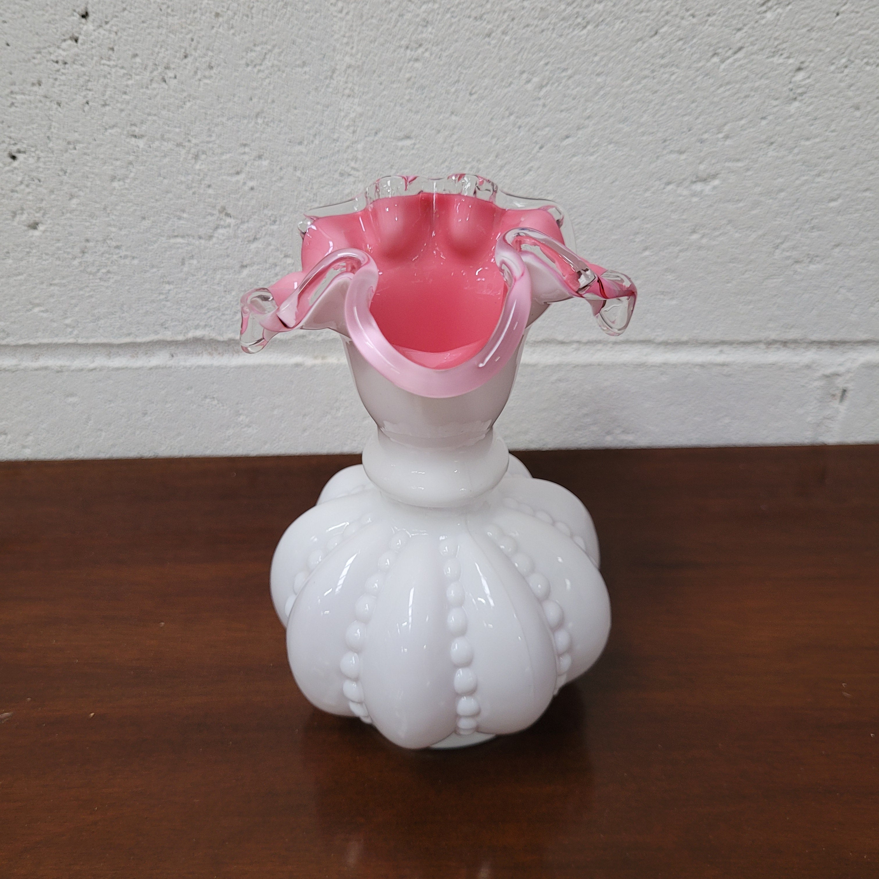 Fenton Silver Crest Pink Cased Milk Glass Melon Pitcher Vase. | Antique & Vintage | Moonee Ponds Antiques | Australia Wide Delivery
