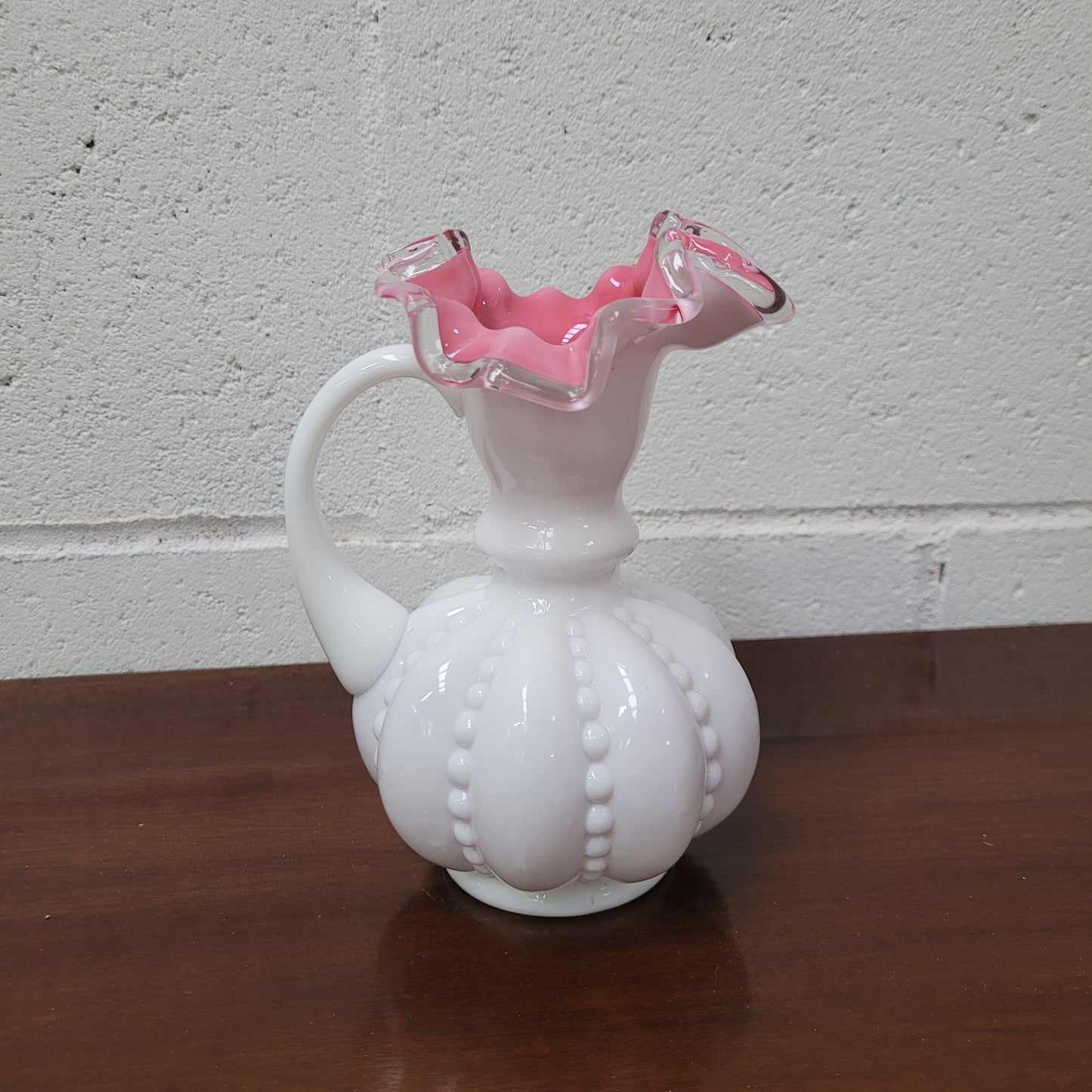 Fenton Silver Crest Pink Cased Milk Glass Melon Pitcher Vase.