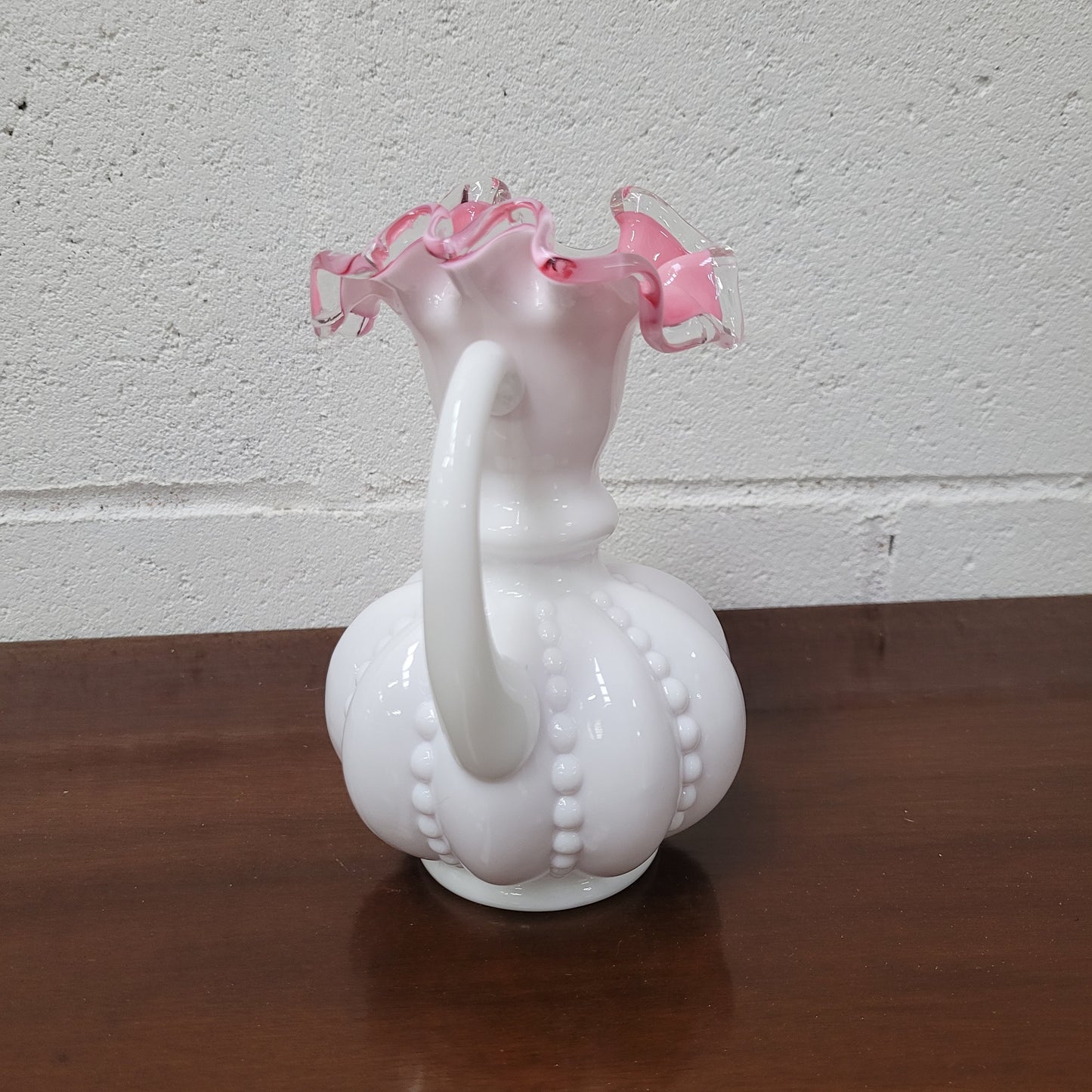Fenton Silver Crest Pink Cased Milk Glass Melon Pitcher Vase.