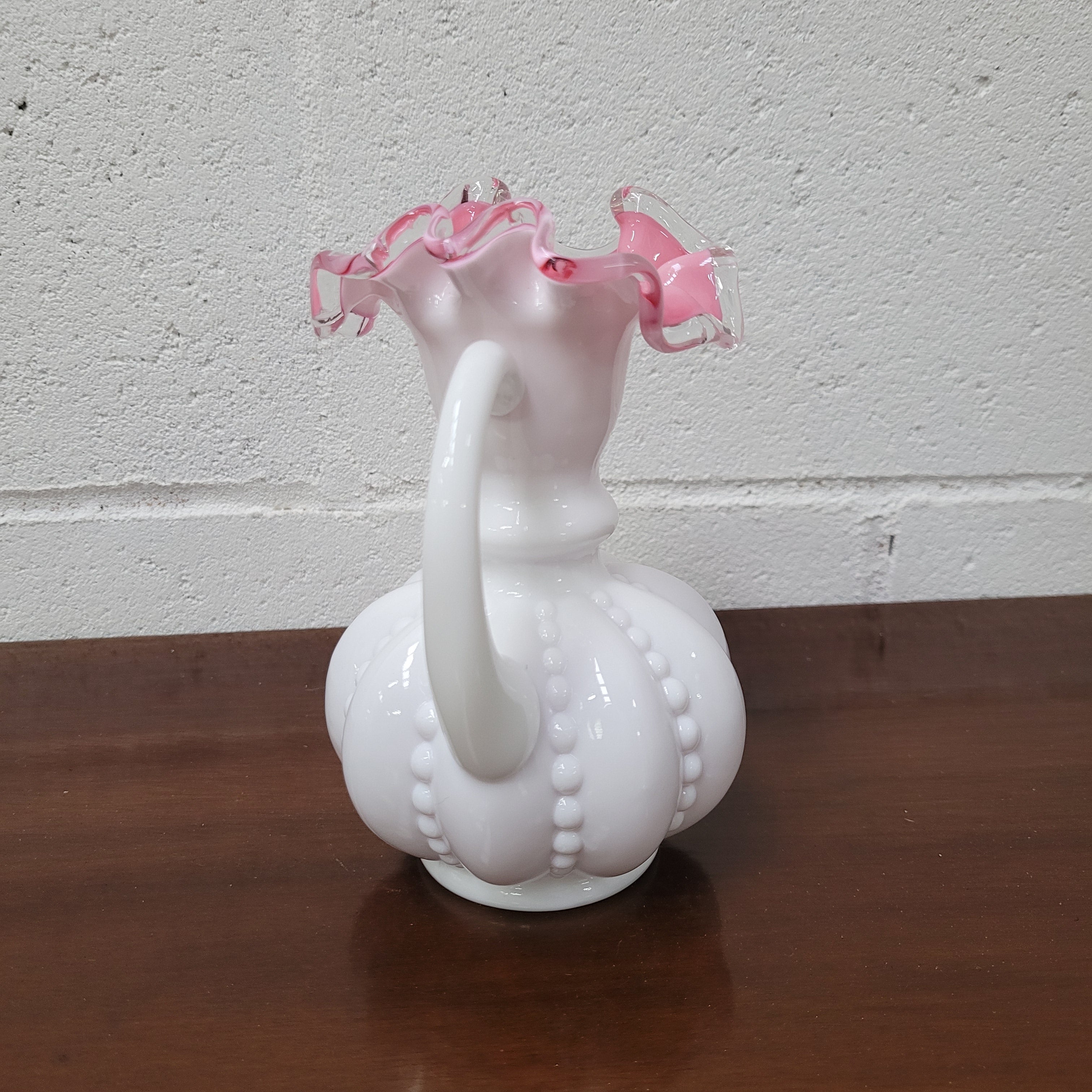 Fenton Silver Crest Pink Cased Milk Glass Melon Pitcher Vase. | Antique & Vintage | Moonee Ponds Antiques | Australia Wide Delivery