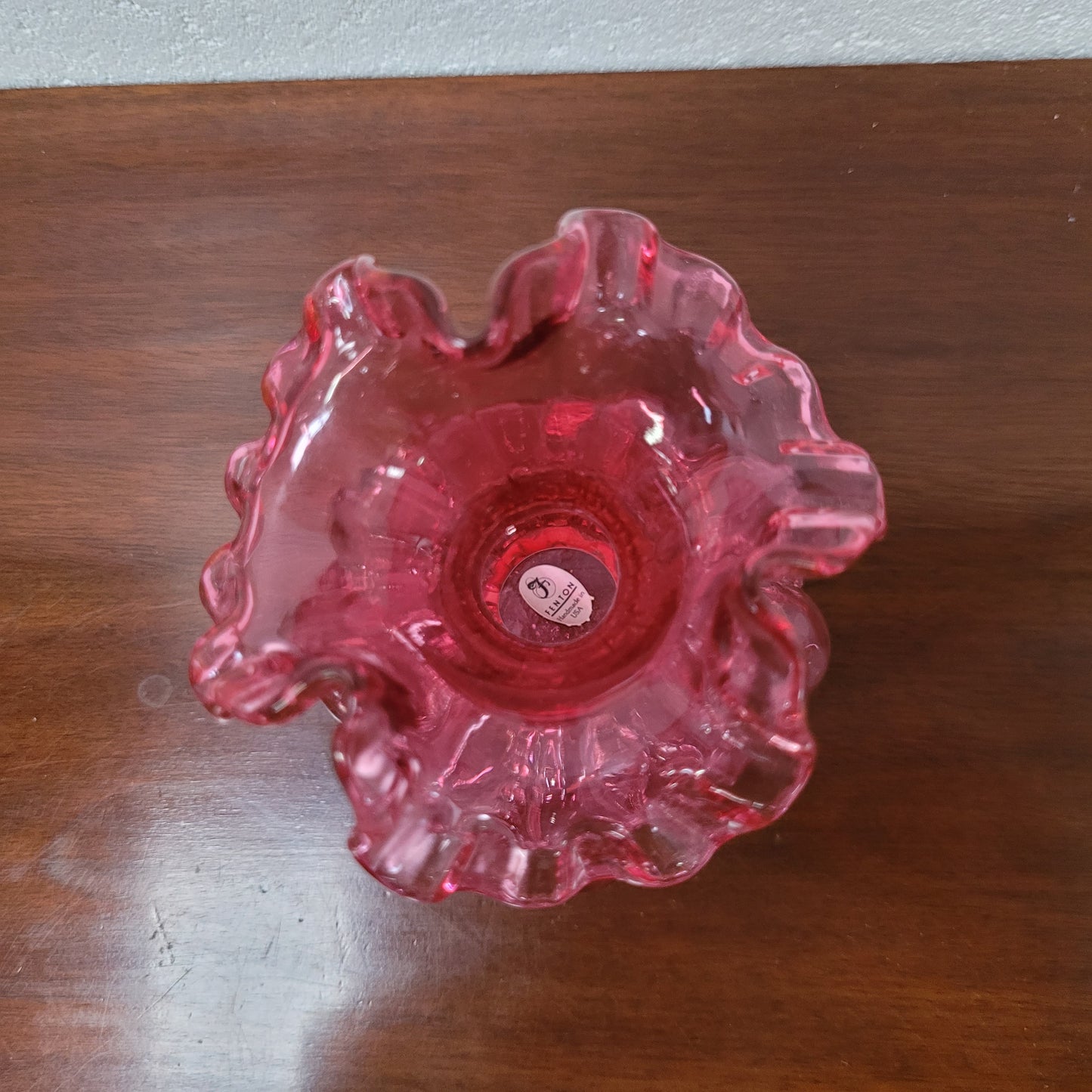 Very attractive Fenton cranberry red glass vase in the melon shape with beading between each segment and and a lovely frilled top. In excellent condition. 