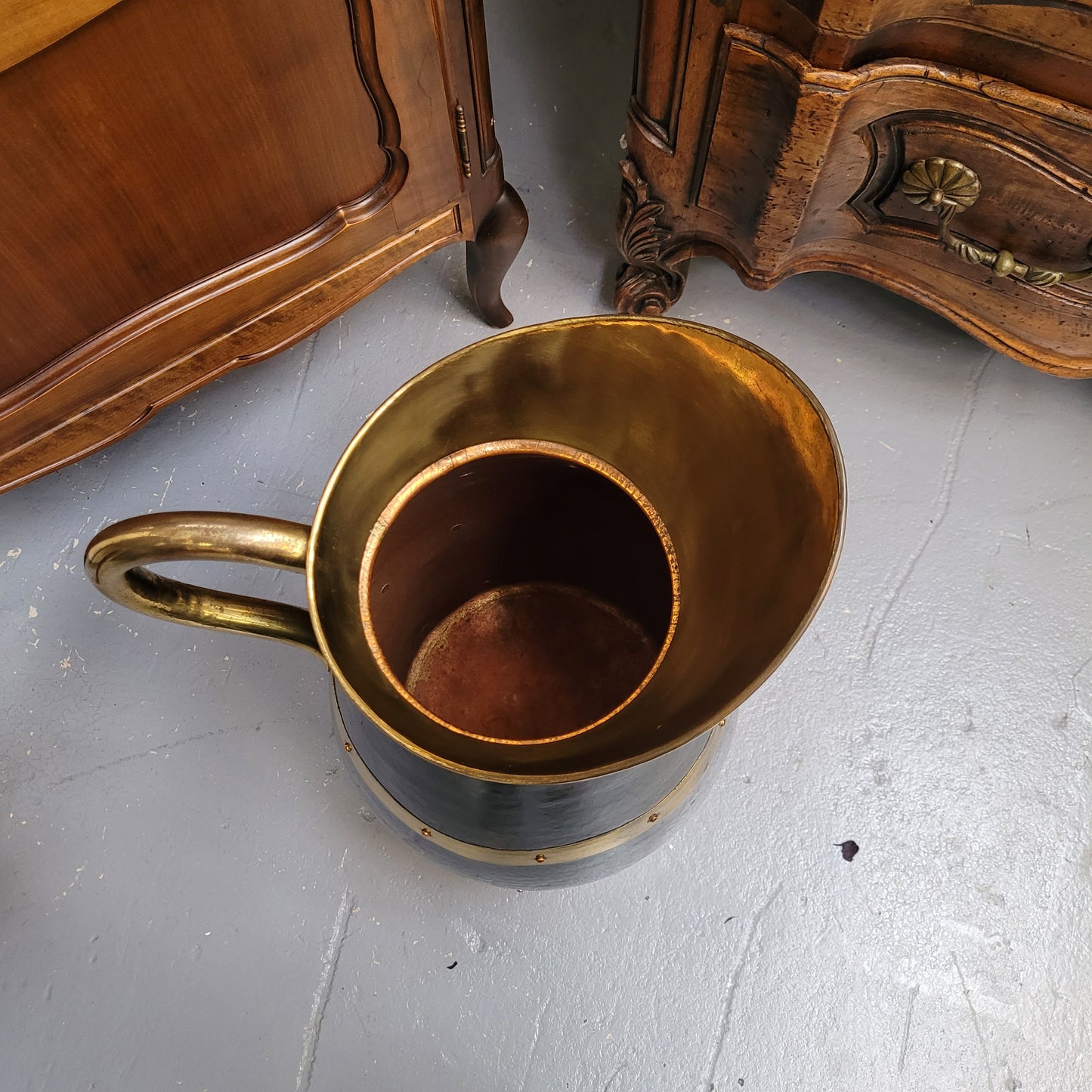 Large Antique copper and brass jug that could be used as an umbrella stand. Sourced from France and is in good original detailed condition. 