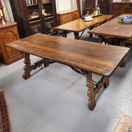 French Oak Spanish Style Farmhouse Dining Table With Decorative Iron Work Underneath