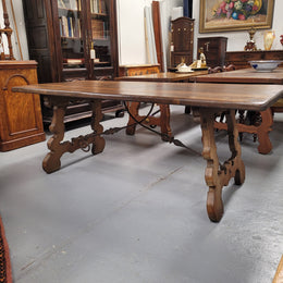 French Oak Spanish Style Farmhouse Dining Table With Decorative Iron Work Underneath