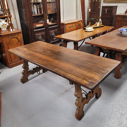 French Oak Spanish Style Farmhouse Dining Table With Decorative Iron Work Underneath