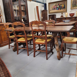 French Oak Spanish Style Farmhouse Dining Table With Decorative Iron Work Underneath