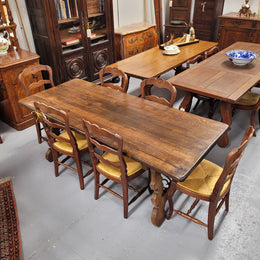 French Oak Spanish Style Farmhouse Dining Table With Decorative Iron Work Underneath