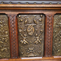 Antique French Oak Coffer Featuring Decorative Brass Panels & Faux Leather Top | Antique & Vintage | Moonee Ponds Antiques | Australia Wide Delivery