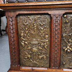 Antique French Oak Coffer Featuring Decorative Brass Panels & Faux Leather Top | Antique & Vintage | Moonee Ponds Antiques | Australia Wide Delivery