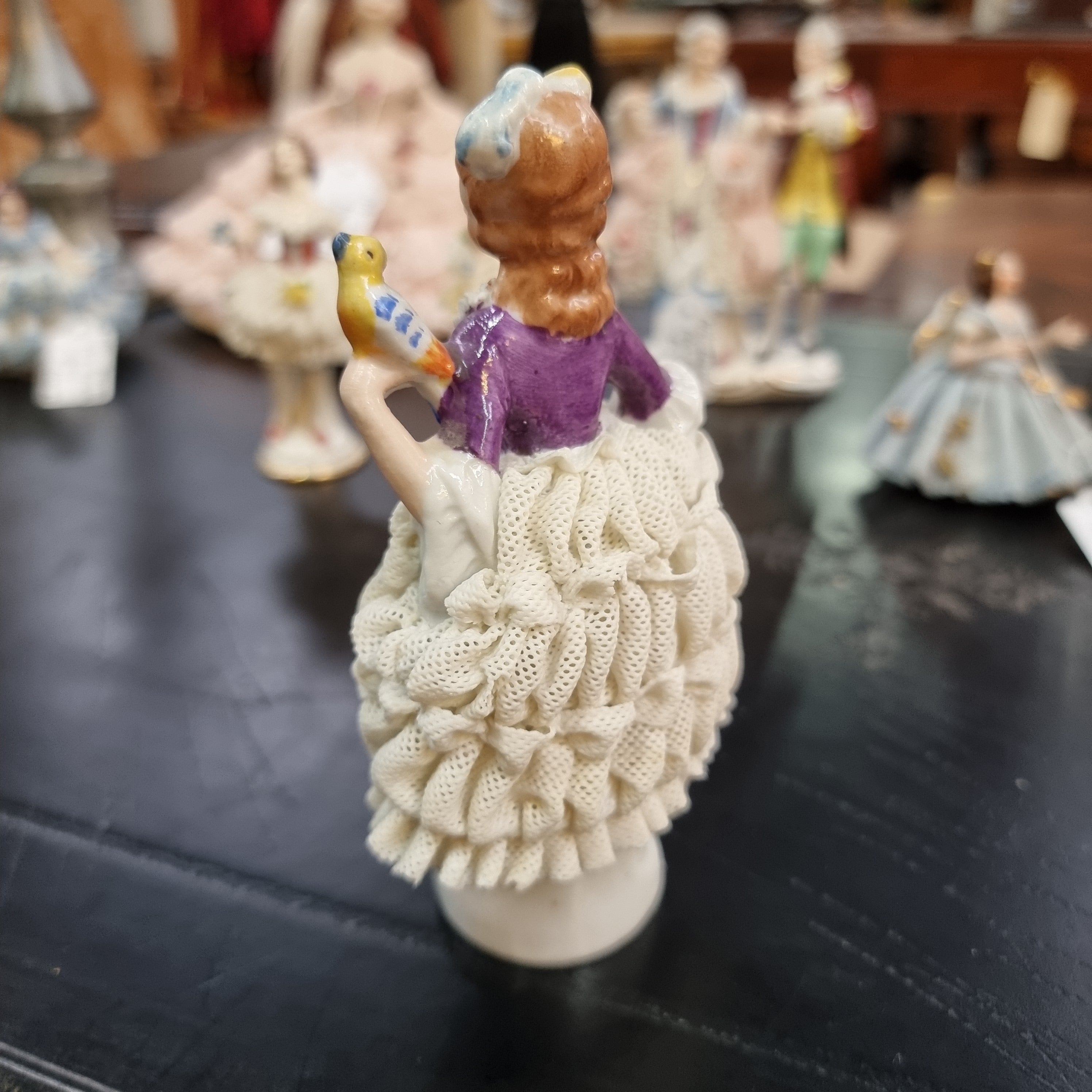 Dresden Lace Figurine of Lady Holding Bird | Antique & Vintage | Moonee Ponds Antiques | Australia Wide Delivery