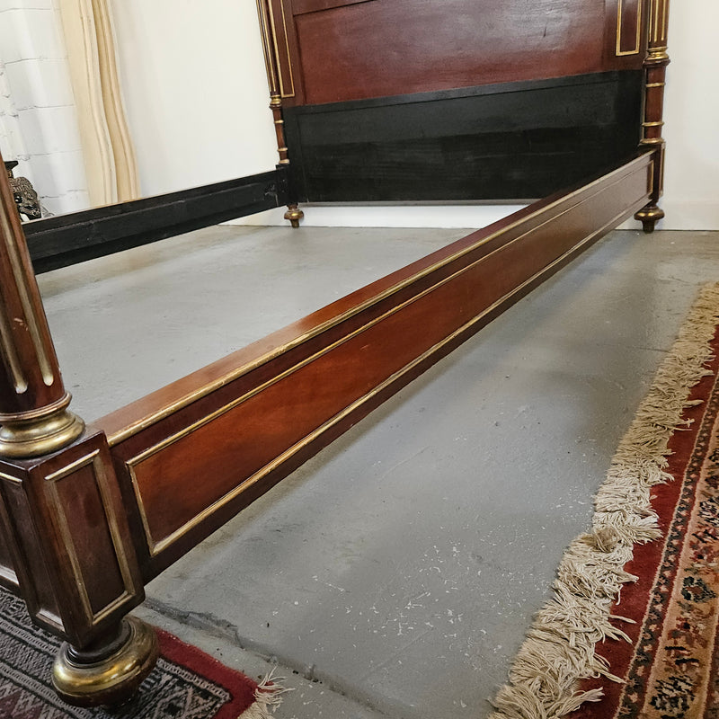 A stunning Empire French mahogany and brass inlaid queen size bed. It comes complete with side rails and custom made slats ready for your mattress. Sourced from France it is in good original detailed condition. Please view photos as they help to form part of the description and condition.