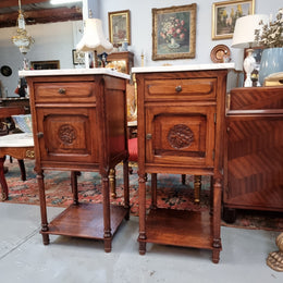 Pair of French Oak Henry II Style White Marble Top Bedside Cabinets