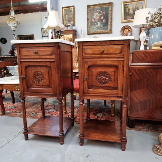 Pair of French Oak Henry II Style White Marble Top Bedside Cabinets