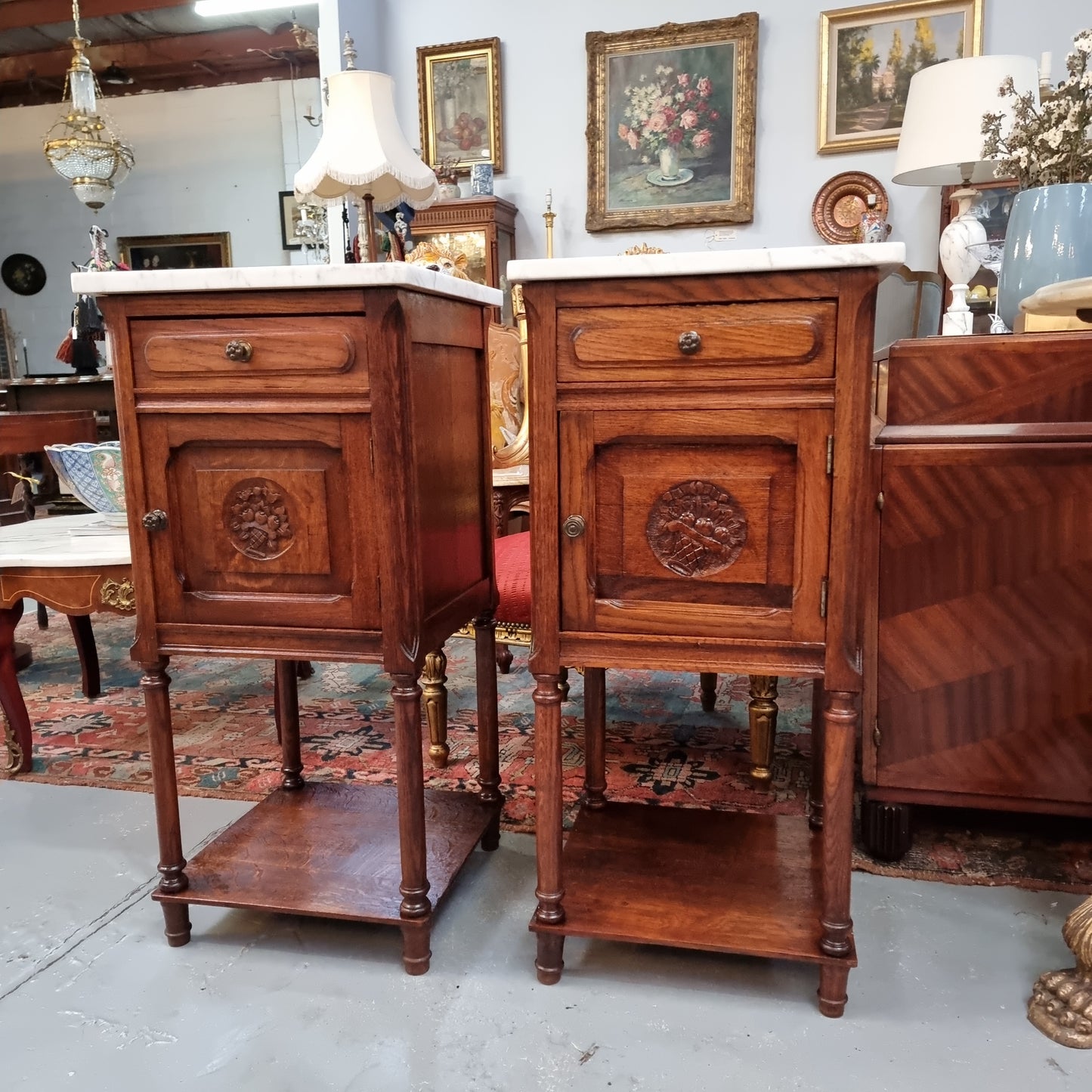 Pair of French Oak Henry II Style White Marble Top Bedside Cabinets