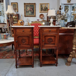 Pair of French Oak Henry II Style White Marble Top Bedside Cabinets