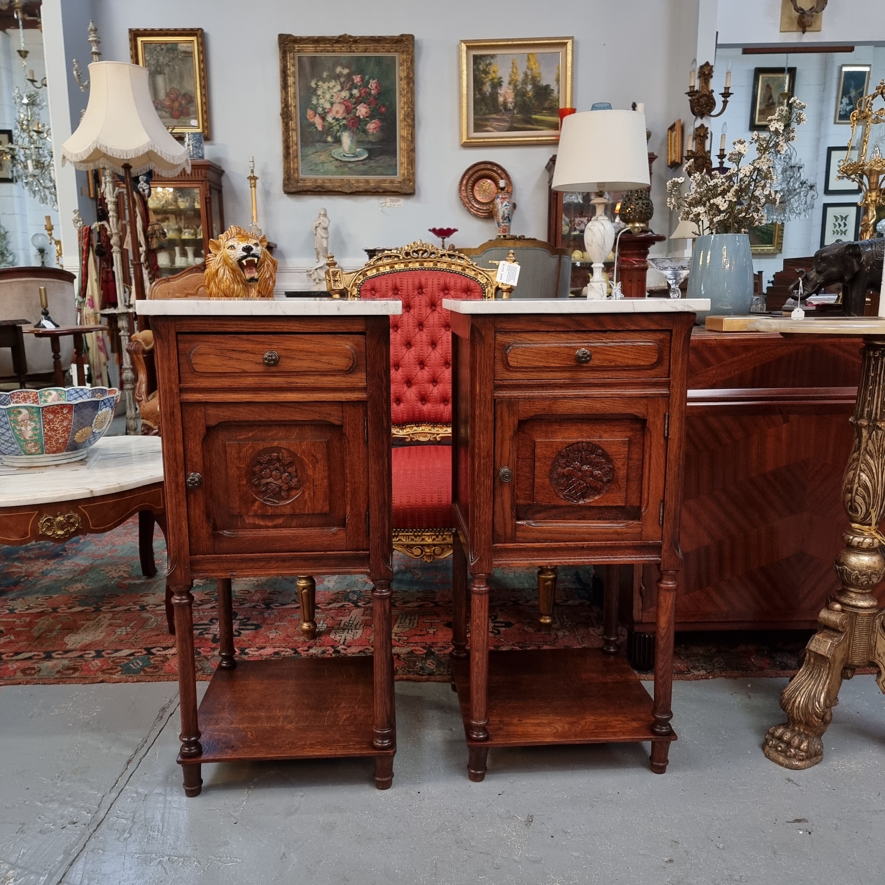 Pair of French Oak Henry II Style White Marble Top Bedside Cabinets | Antique & Vintage | Moonee Ponds Antiques | Australia Wide Delivery