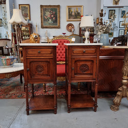 Pair of French Oak Henry II Style White Marble Top Bedside Cabinets | Antique & Vintage | Moonee Ponds Antiques | Australia Wide Delivery