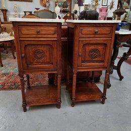 Pair of French Oak Henry II Style White Marble Top Bedside Cabinets