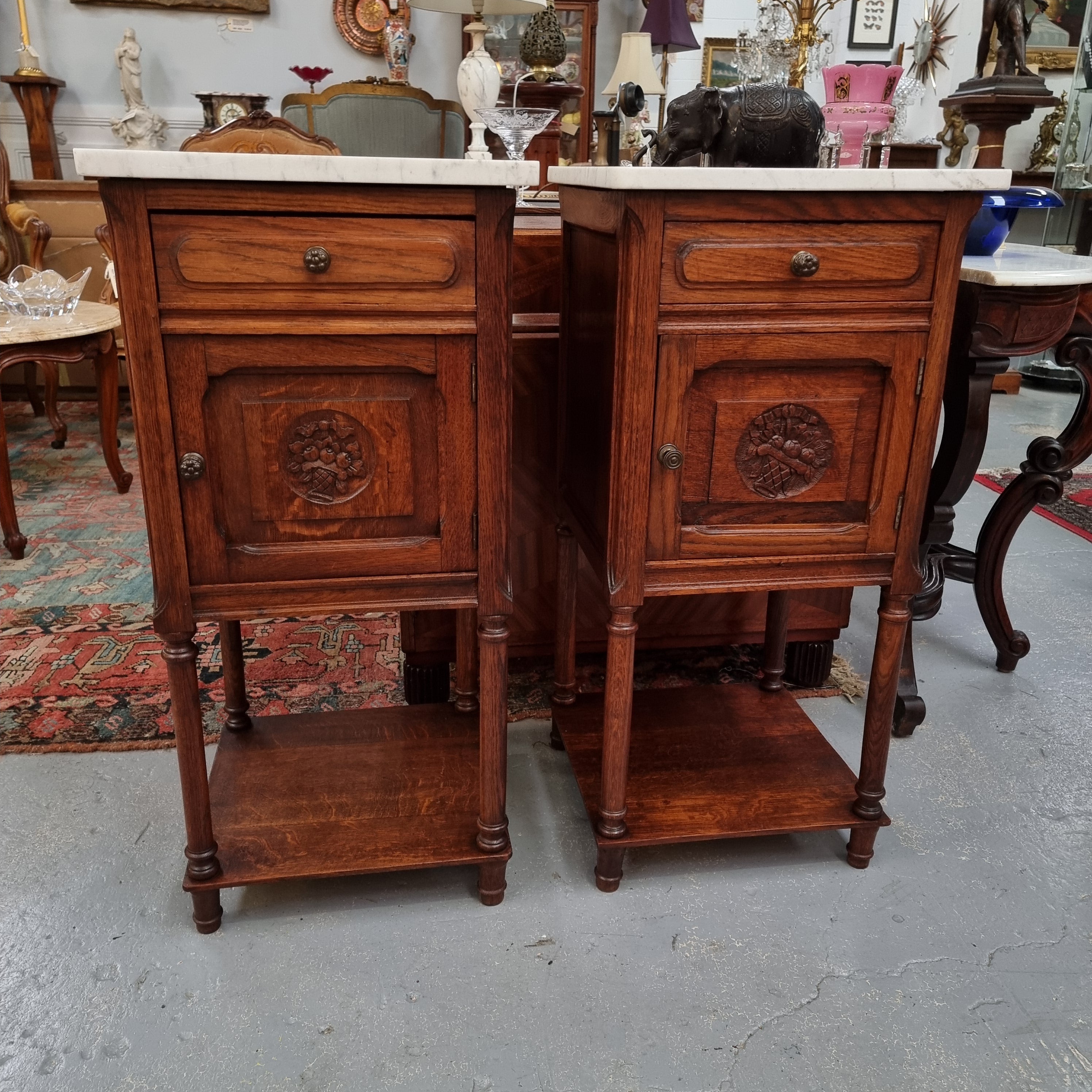 Pair of French Oak Henry II Style White Marble Top Bedside Cabinets | Antique & Vintage | Moonee Ponds Antiques | Australia Wide Delivery