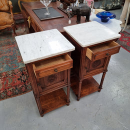 Pair of French Oak Henry II Style White Marble Top Bedside Cabinets