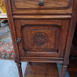 Pair of French Oak Henry II Style White Marble Top Bedside Cabinets
