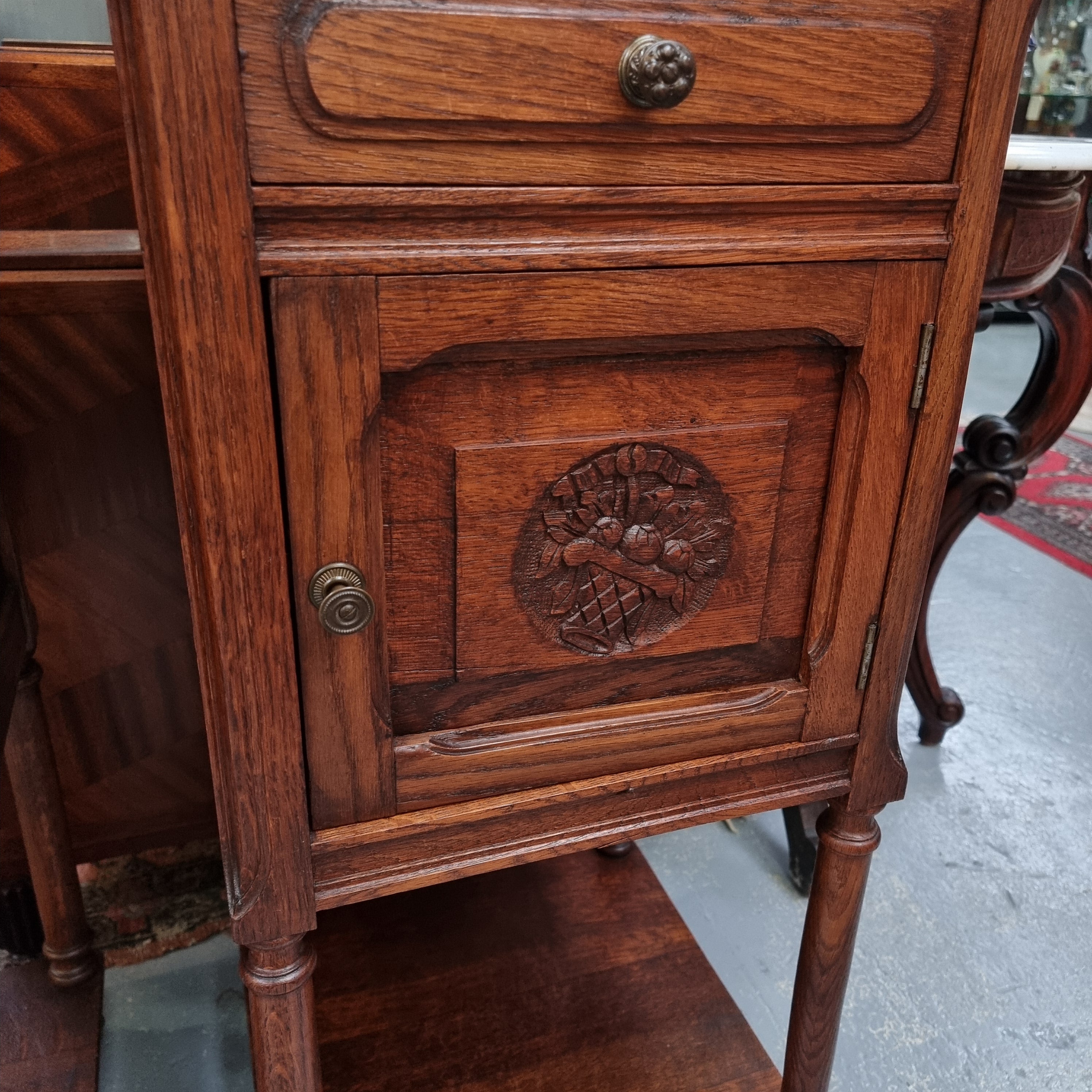Pair of French Oak Henry II Style White Marble Top Bedside Cabinets | Antique & Vintage | Moonee Ponds Antiques | Australia Wide Delivery