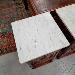 Pair of French Oak Henry II Style White Marble Top Bedside Cabinets