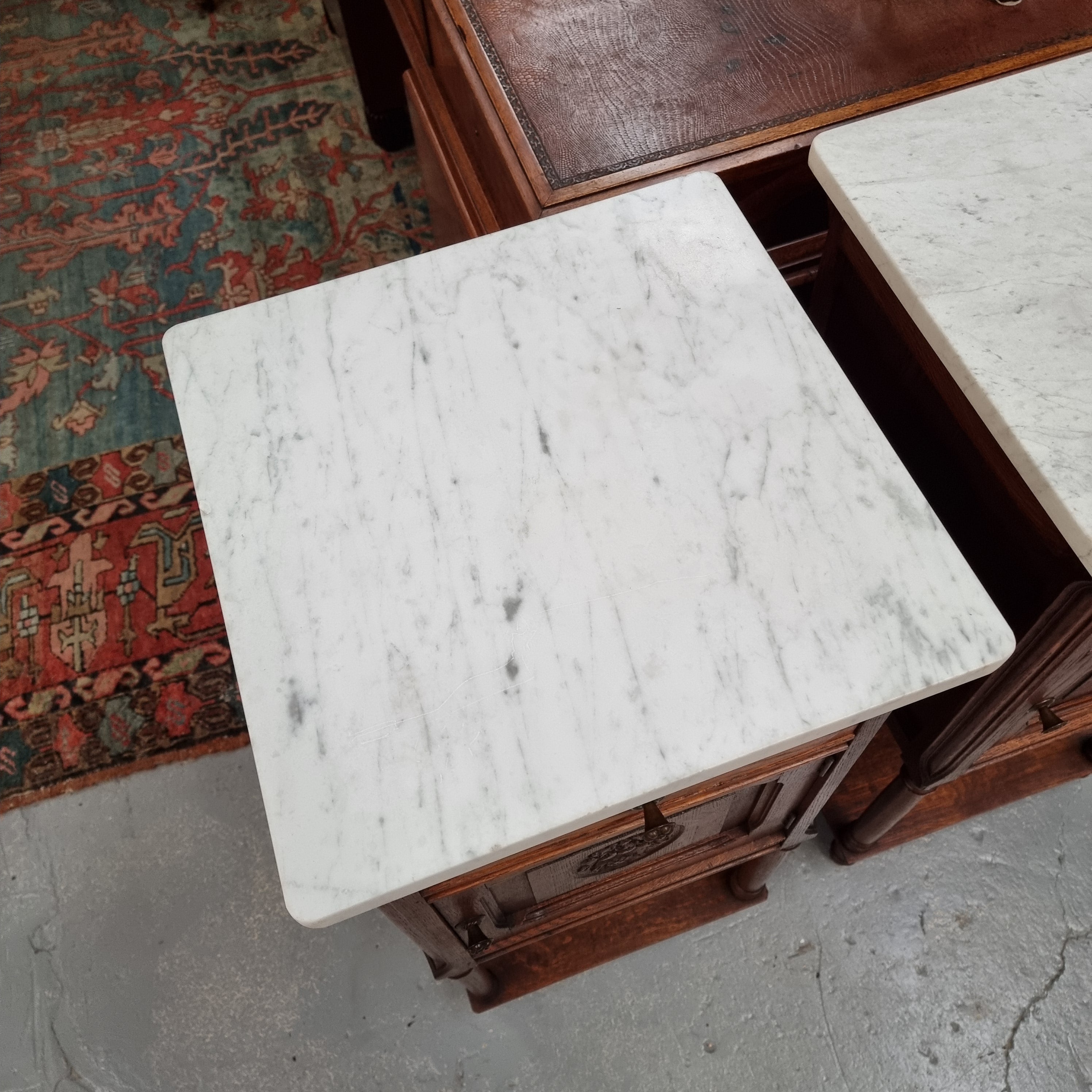 Pair of French Oak Henry II Style White Marble Top Bedside Cabinets | Antique & Vintage | Moonee Ponds Antiques | Australia Wide Delivery