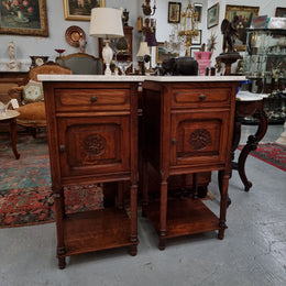 Pair of French Oak Henry II Style White Marble Top Bedside Cabinets