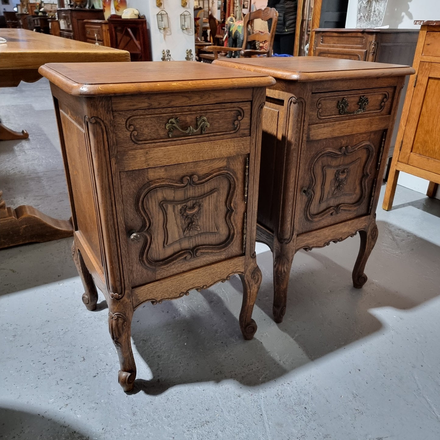Hard to Find Pair of Antique French Louis XV Style Wooden Top Bedsides