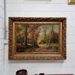 Sourced From France Oil on Board River Bank Scene In Ornate Gilt Frame