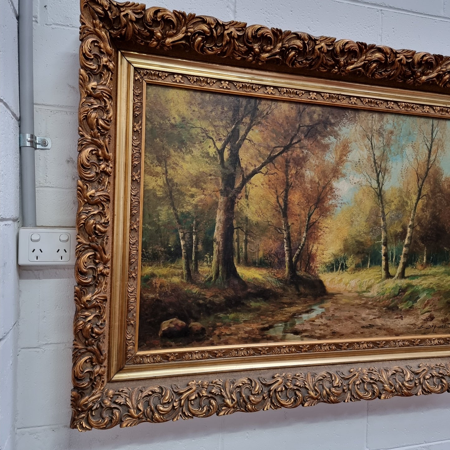 Sourced From France Oil on Board River Bank Scene In Ornate Gilt Frame