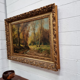 Sourced From France Oil on Board River Bank Scene In Ornate Gilt Frame