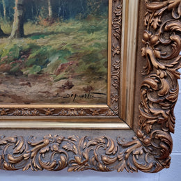 Sourced From France Oil on Board River Bank Scene In Ornate Gilt Frame