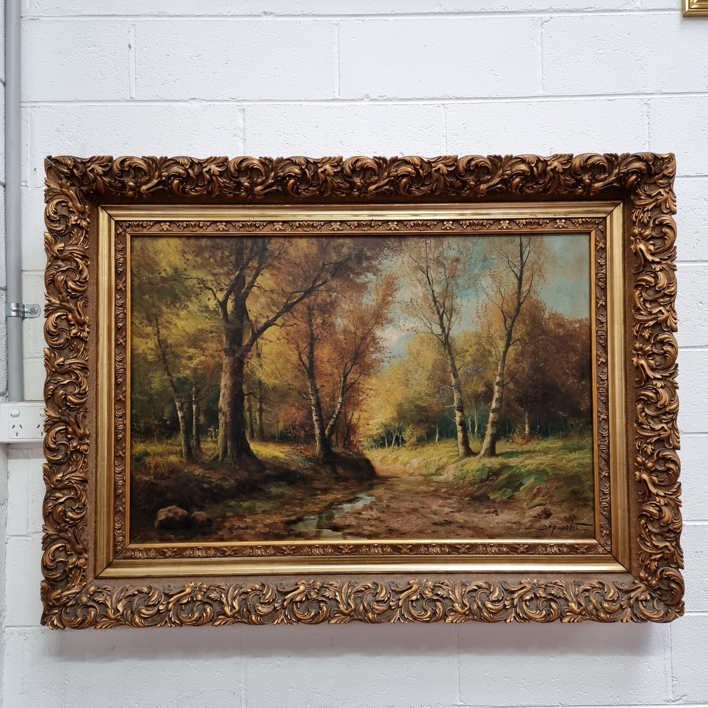 Sourced From France Oil on Board River Bank Scene In Ornate Gilt Frame