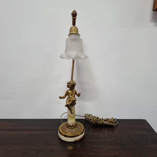 French Onyx & Bronze Cherub Figurine Table Lamp