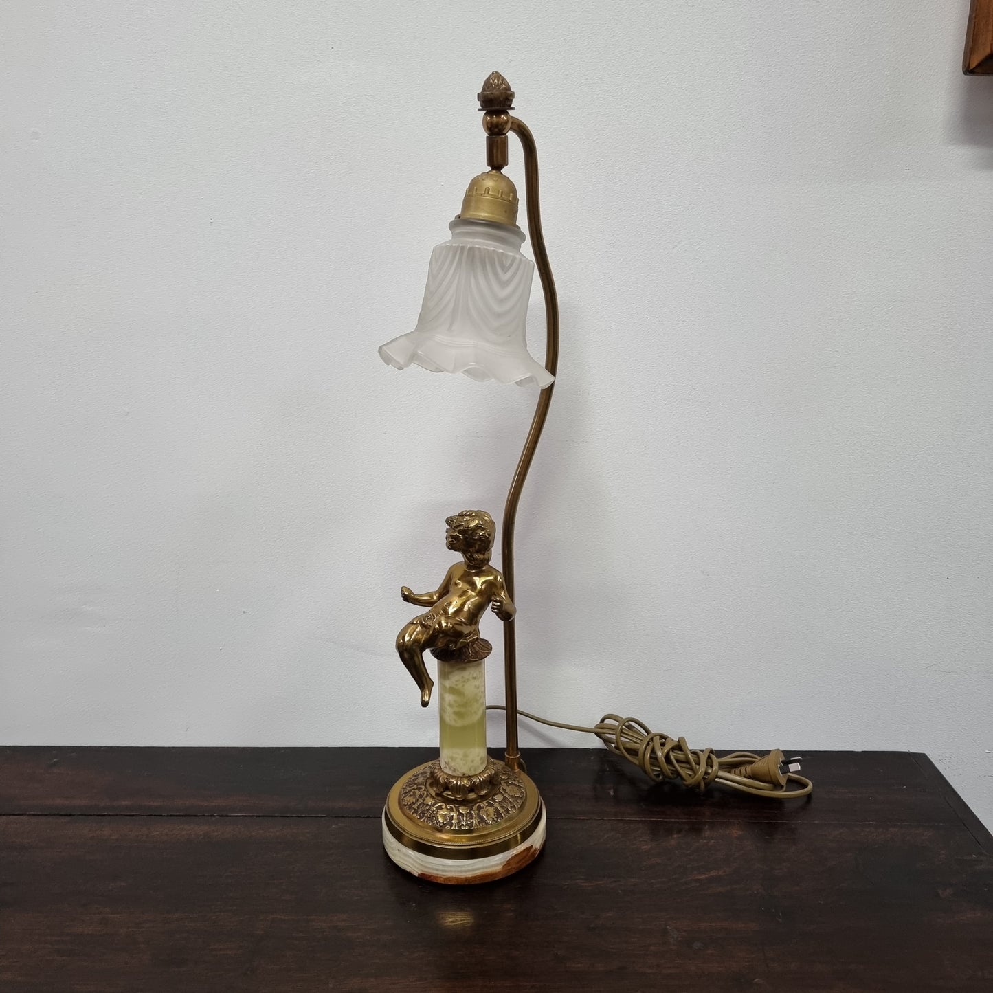 French Onyx & Bronze Cherub Figurine Table Lamp