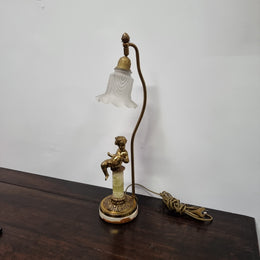 French Onyx & Bronze Cherub Figurine Table Lamp