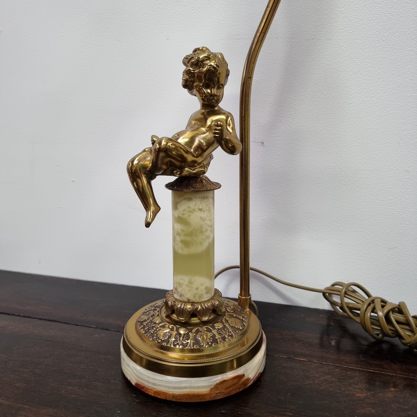 French Onyx & Bronze Cherub Figurine Table Lamp