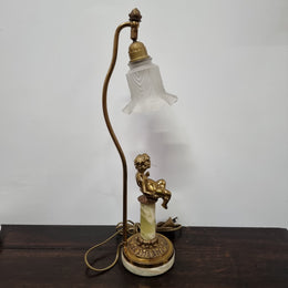 French Onyx & Bronze Cherub Figurine Table Lamp