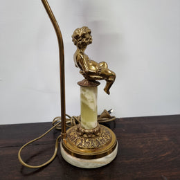 French Onyx & Bronze Cherub Figurine Table Lamp