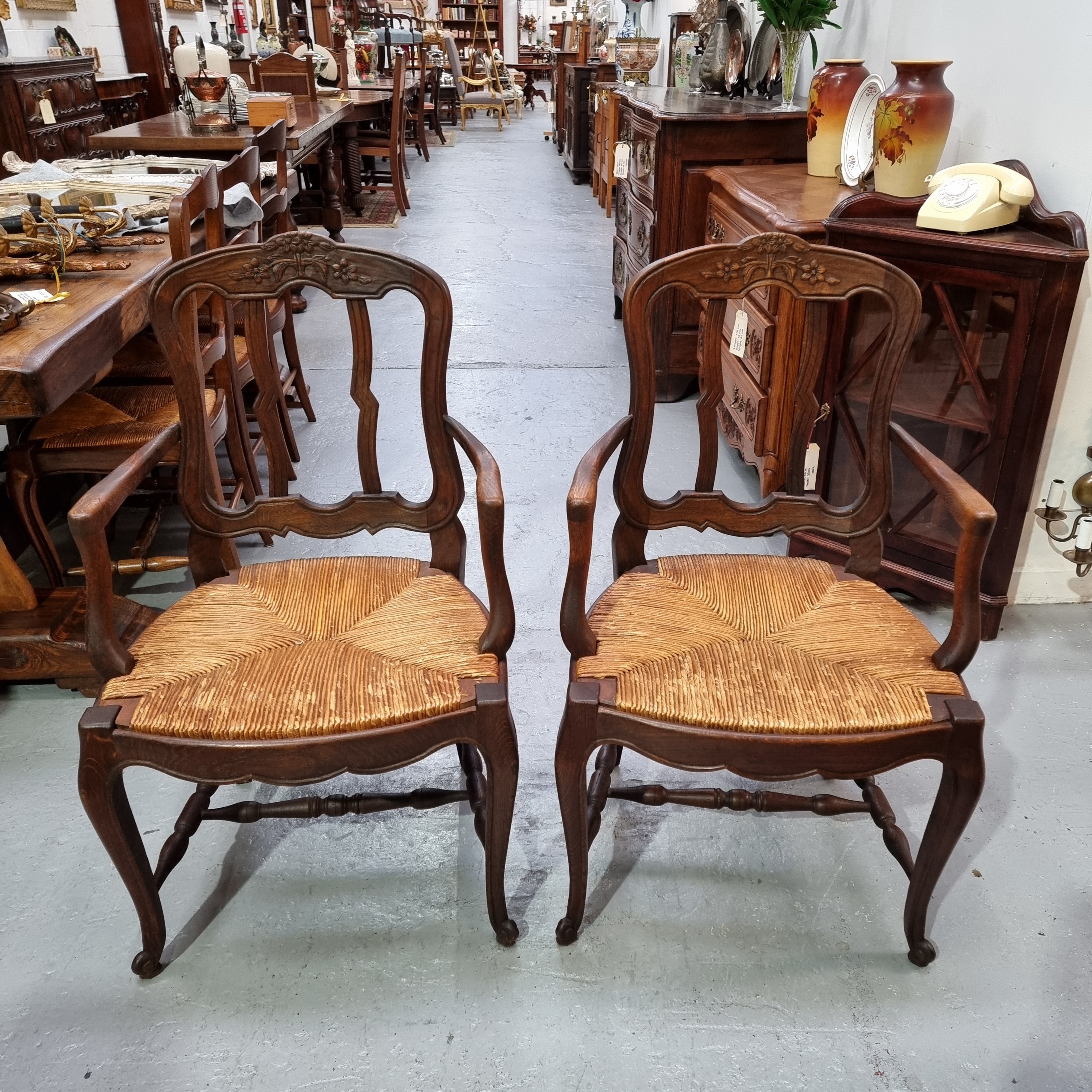 Pair Louis XV Style French Oak Rush Seated Carver Chairs | Antique & Vintage | Moonee Ponds Antiques | Australia Wide Delivery