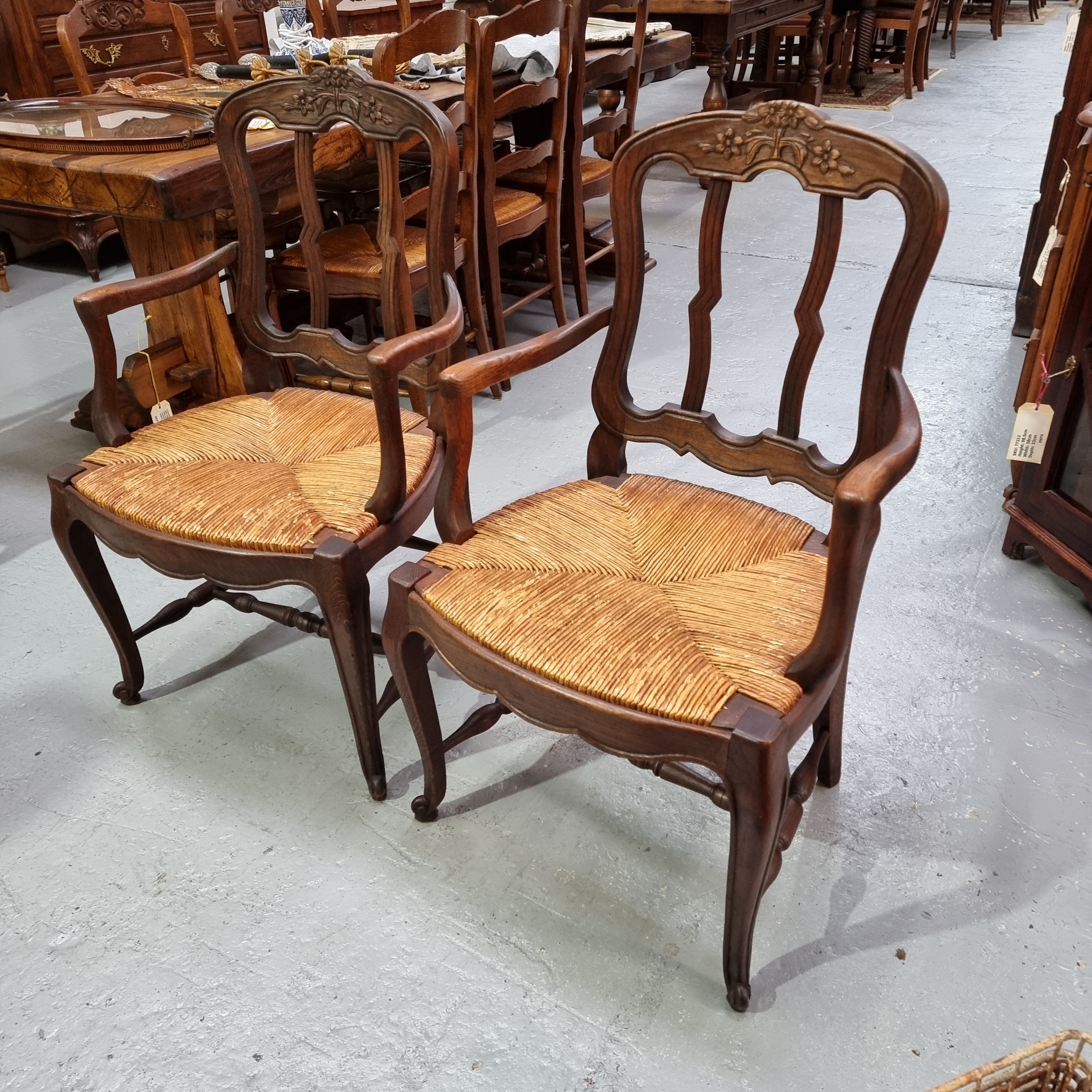 Pair Louis XV Style French Oak Rush Seated Carver Chairs | Antique & Vintage | Moonee Ponds Antiques | Australia Wide Delivery